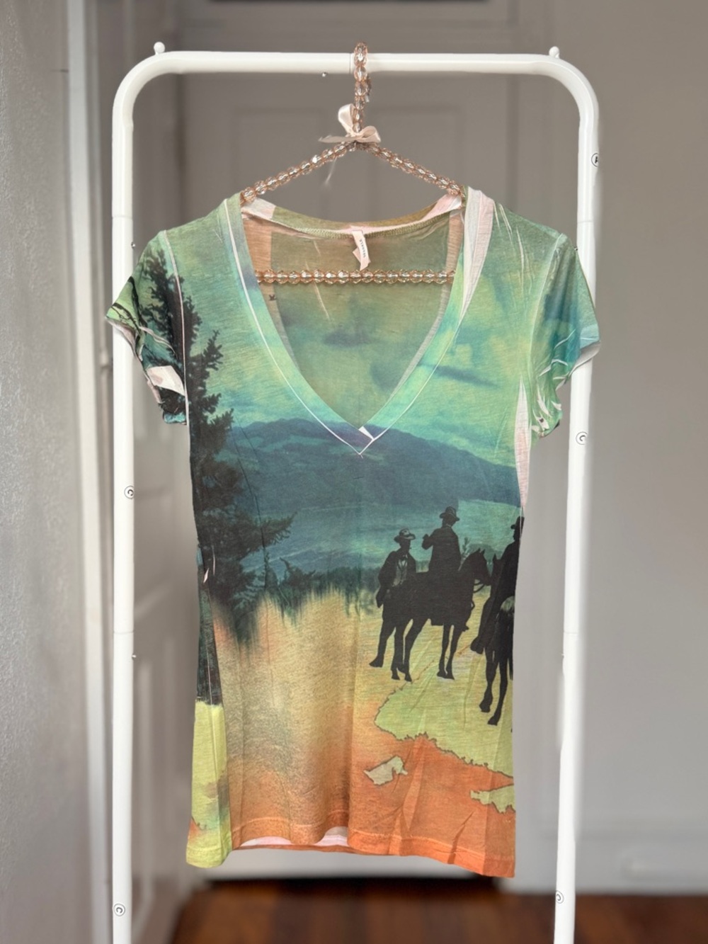 Vintage 2000s y2k Sparkle & Fade super thin sheer handmade v neck western t